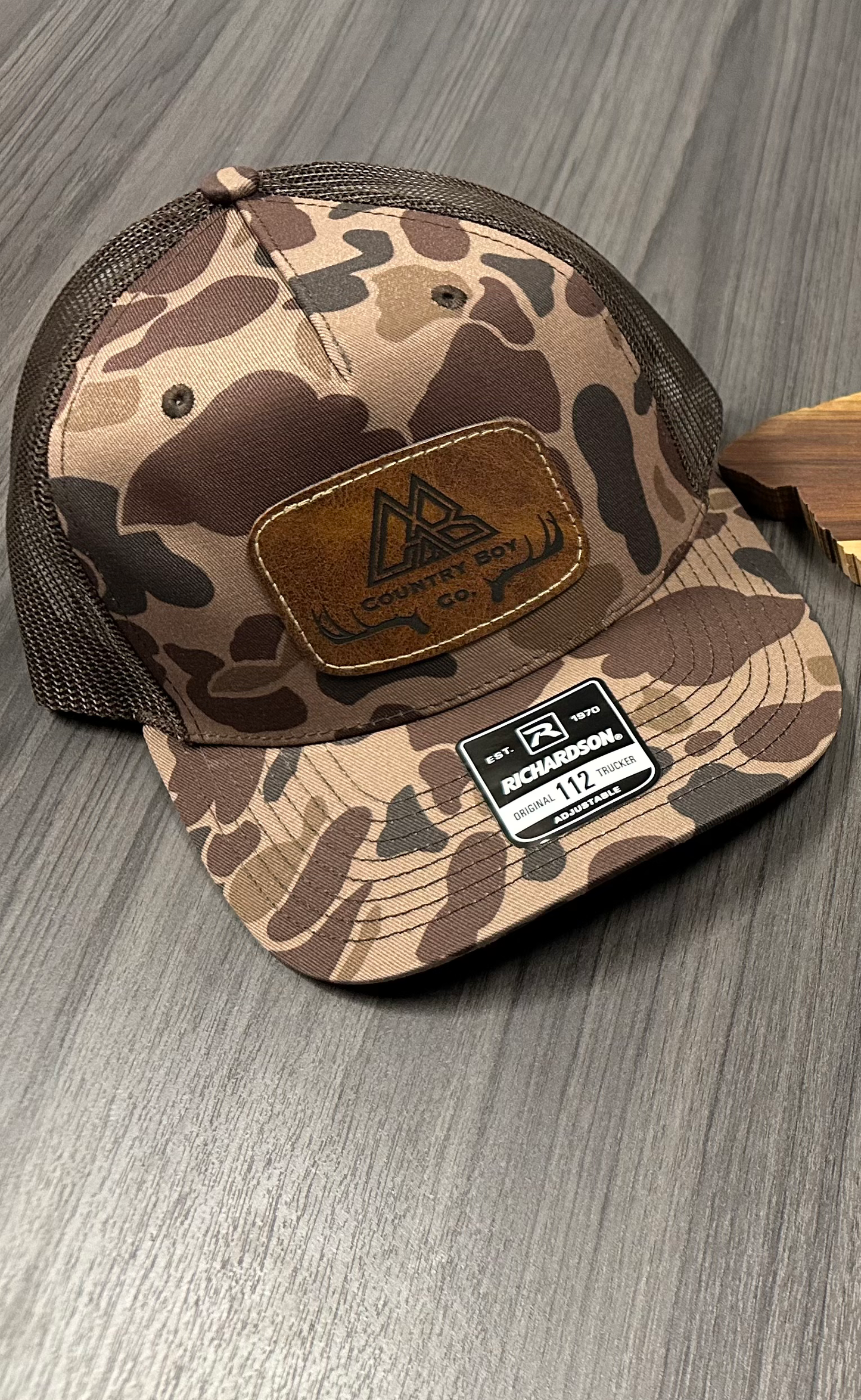 Country Boy Co. Logo Leather Patch Bark Duck Camo/Brown Hat